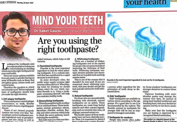 Article Publications Are you using right toothpaste? - Dr. Saket Gaurav
